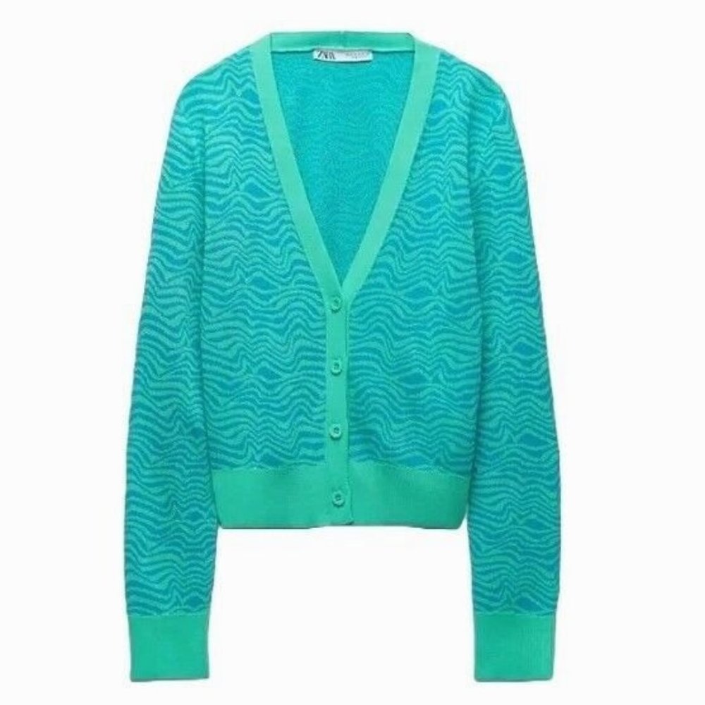 ZARA Cardigan Size Large Crepe Knit Zebra Striped Blue Seafoam Green
